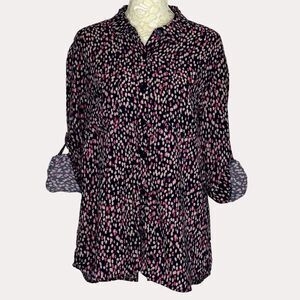 Hering Roll Tab Print Button Front Blouse Shirt Top Blue Pink M am